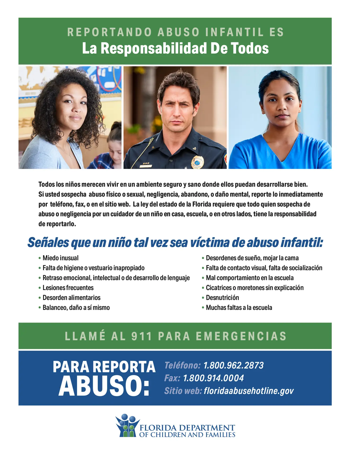 Reconociendo y reportando el abuso infantil — Spanish-language poster
